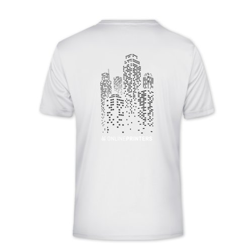 White polyester t-shirt with v-neck and short sleeves.