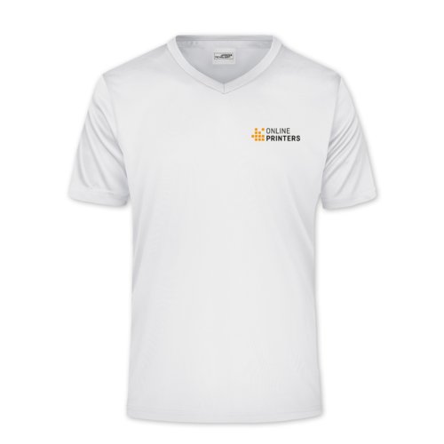 White polyester V-neck shirt with short sleeves.