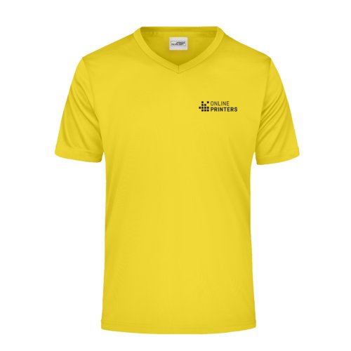 Yellow polyester V-neck t-shirt with short sleeves.
