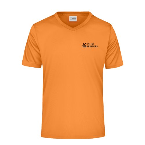Orange polyester men's V-neck shirt with short sleeves.