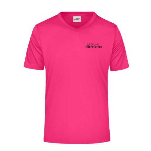 Pink polyester V-neck shirt for men with short sleeves.