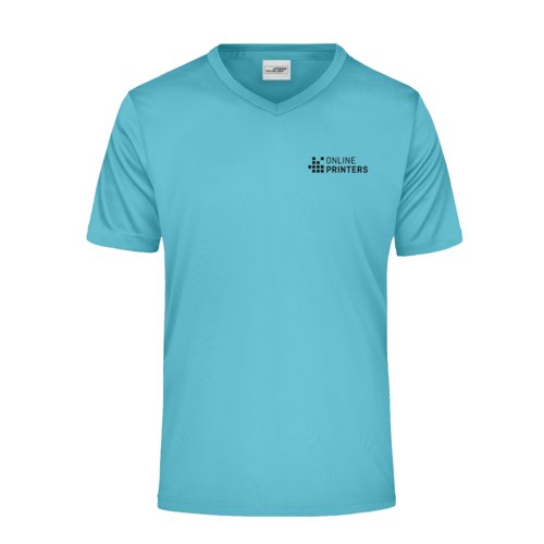 Turquoise polyester V-neck shirt for men.