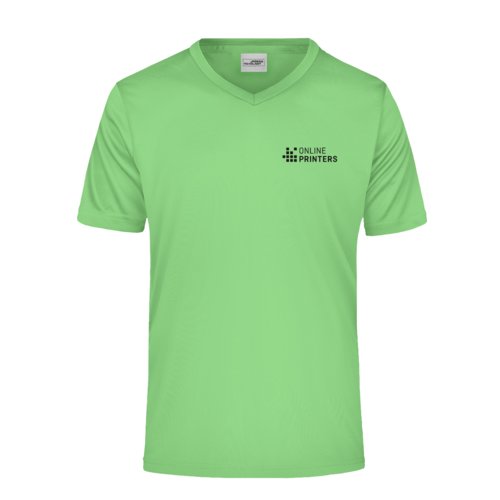 Apple green polyester V-neck shirt with short sleeves.