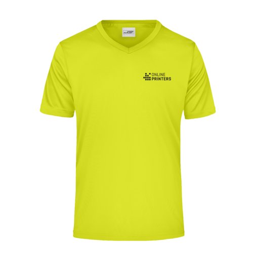 Neon yellow polyester men's V-neck shirt with short sleeves.