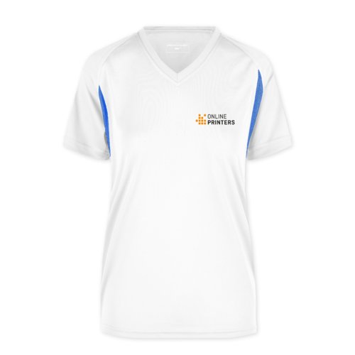White and blue polyester women's functional shirt with V-neck.