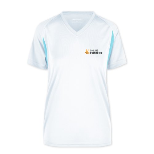 White and light blue polyester functional shirt with V-neck for women.