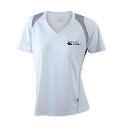 White women's running shirt in polyester with V-neck.