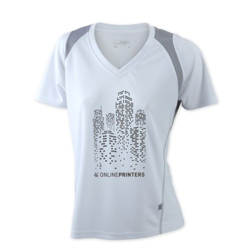 White polyester running shirt for women with V-neck and short sleeves.