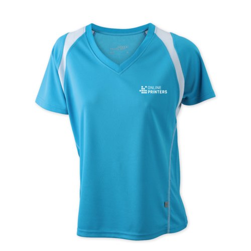 Light blue polyester women's running shirt with V-neck.
