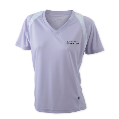 Purple women's polyester running shirt with V-neck and short sleeves.