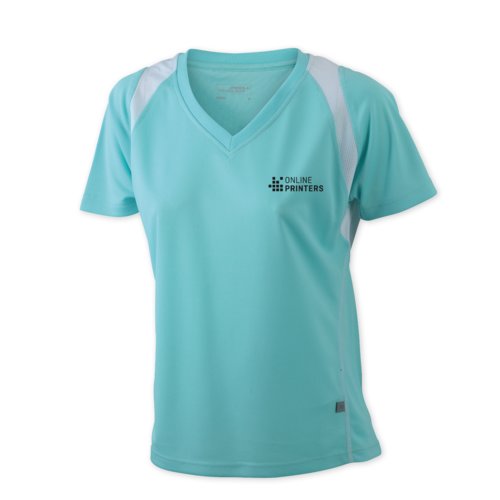 Mint green polyester women's running shirt with V-neck.