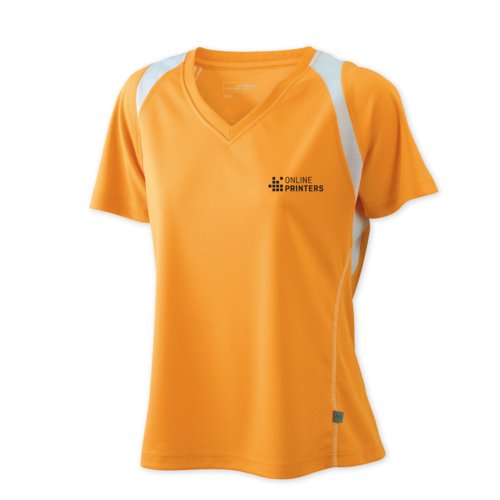 Orange women's polyester running shirt with V-neck.