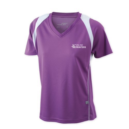 Violet women's running shirt made of polyester with short sleeves.
