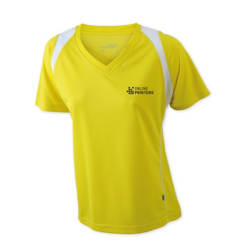 Yellow women's running shirt made of polyester with V-neck and short sleeves.