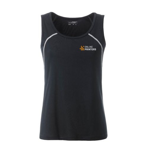 Women's sports tank top made from breathable material with a racerback design.