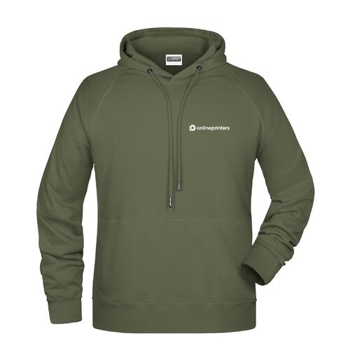 Green fabric hoodie with hood and drawstring for men.