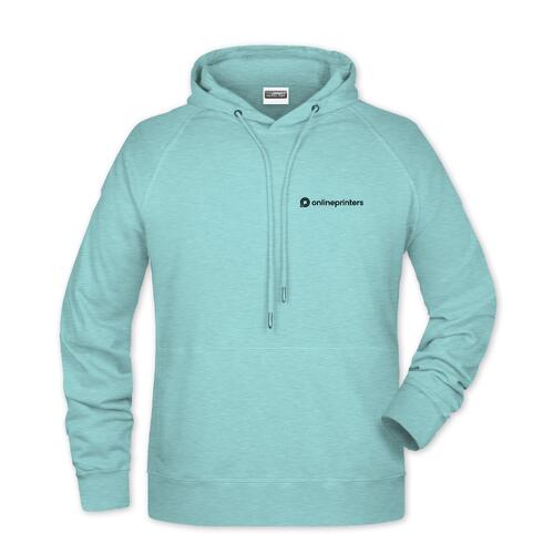 Mint green cotton-blend hoodie for men with hood and drawstring.