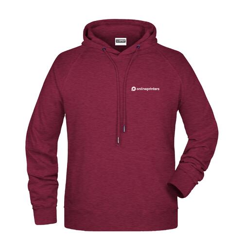Burgundy cotton-polyester men's hoodie with hood and drawstring.