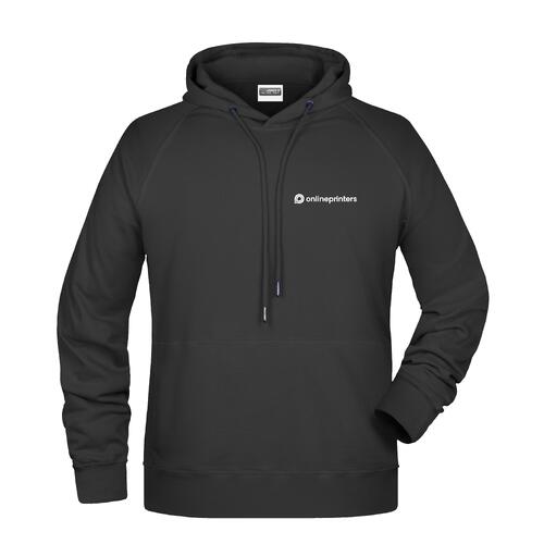 Black cotton-polyester hoodie with hood and drawstring.