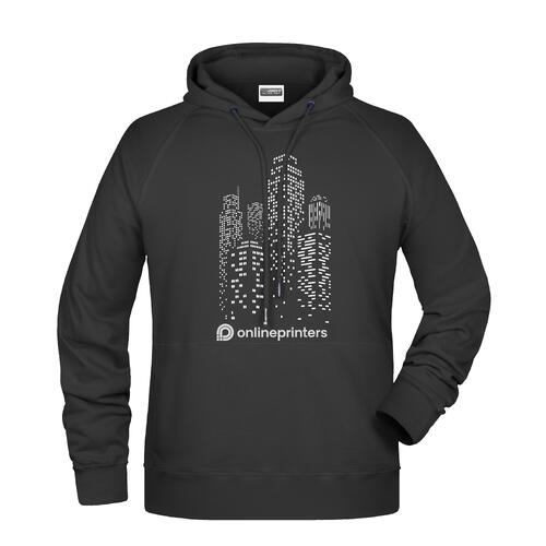 Black cotton-blend hoodie with hood and kangaroo pocket.