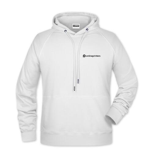 White cotton-polyester men's hoodie with hood and drawstring.