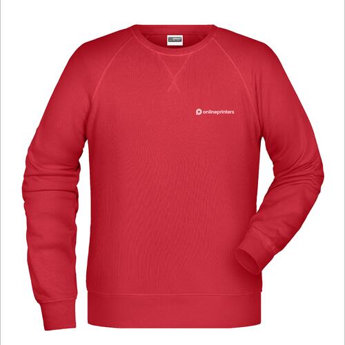 Red cotton-polyester blend men's sweatshirt with long sleeves.