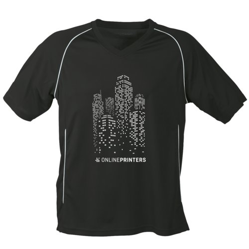 Black and white polyester t-shirt with V-neck and short sleeves.