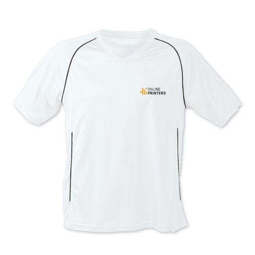 White and black polyester t-shirt with short sleeves.