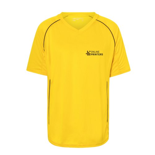 Yellow polyester T-shirt with V-neck and short sleeves.