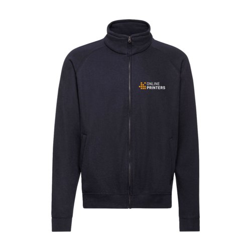Black-blue cotton-blend sweat jacket with full zipper.