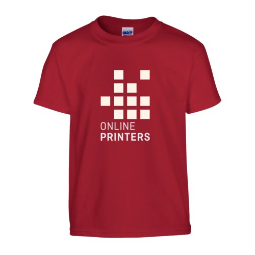Cherry-red cotton T-shirt, unisex cut, with short sleeves.