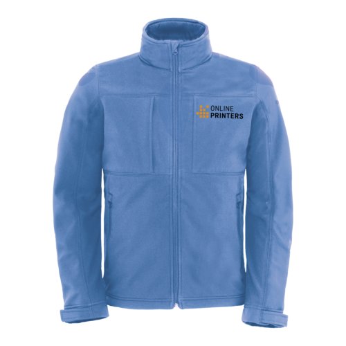 Azure softshell jacket made of polyester and elastane with zipper and pockets.