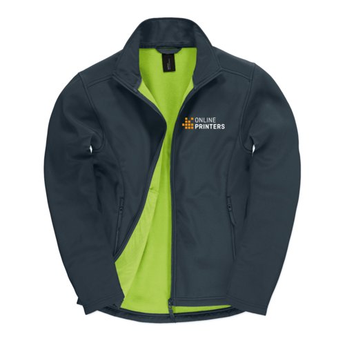 Navy blue softshell jacket made of polyester and elastane with zippers.