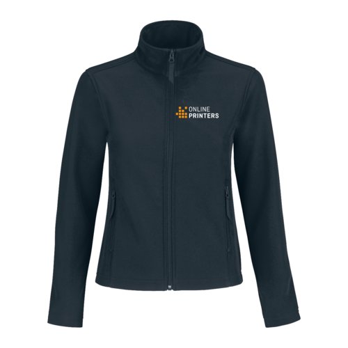 Navy blue softshell jacket made of polyester-elastane blend with zipper and pockets.