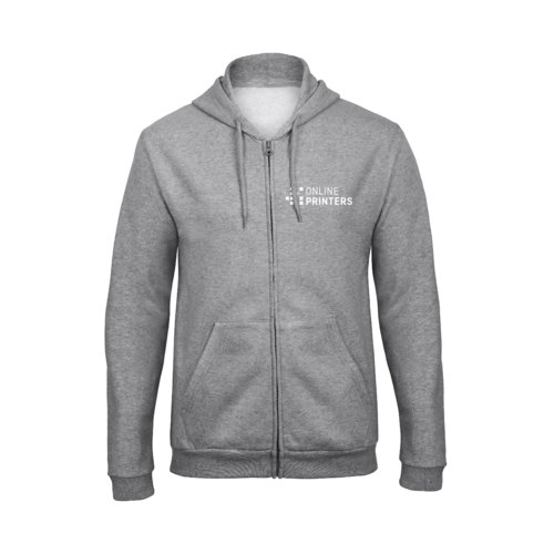 Gray heathered polyester-cotton blend sweatshirt jacket with full zipper and hood.