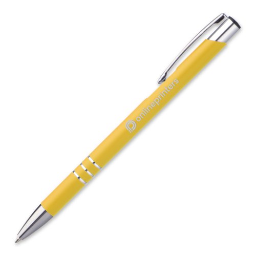 Yellow metal ballpoint pen with clip and push button.