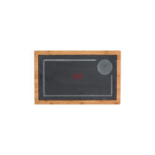 Gray bamboo serving board with a rectangular shape.