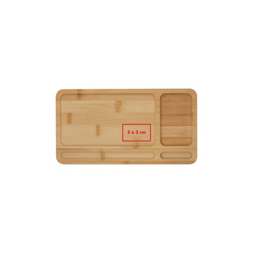 Bamboo desk organizer with compartments and wireless charging station.