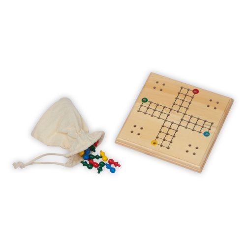 Brown wooden board game with playing pieces and cotton bag.
