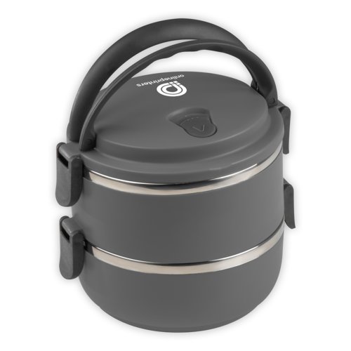 Gray stainless steel lunchbox with handle and two compartments.