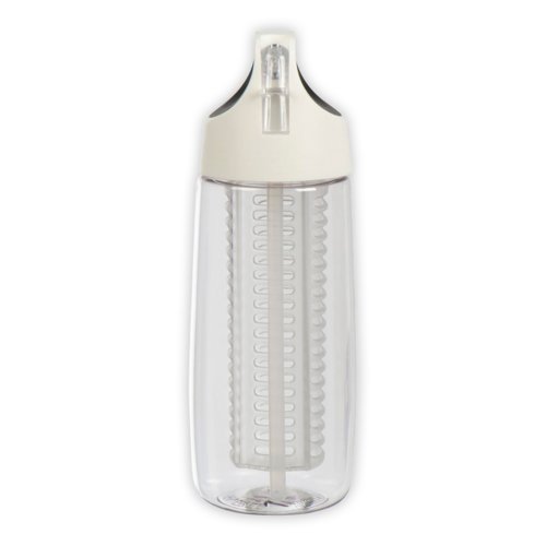 White Tritan drinking bottle with infuser and straw.