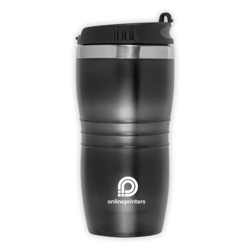 Black stainless steel drinking cup with lid.