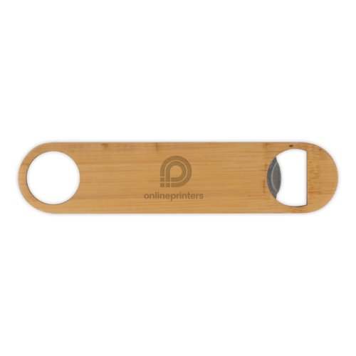 Light bamboo bottle opener with metal element.