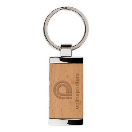 Wooden keychain with metal trim and metal ring.