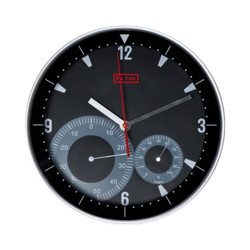 Black wall clock with integrated thermometer and hygrometer.