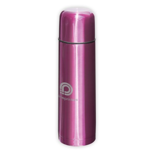 Pink stainless steel vacuum flask with screw cap.