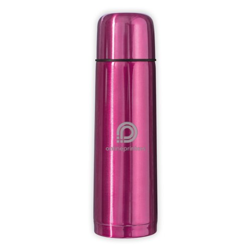 Pink stainless steel vacuum flask with screw cap.