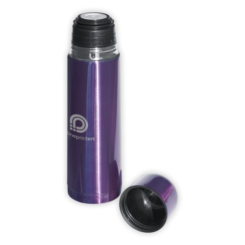 Violet stainless steel thermal bottle with screw cap.