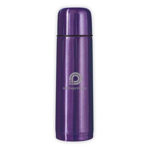 Violet stainless steel thermos with screw cap.