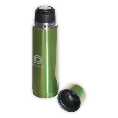 Apple green stainless steel insulated bottle with screw cap.